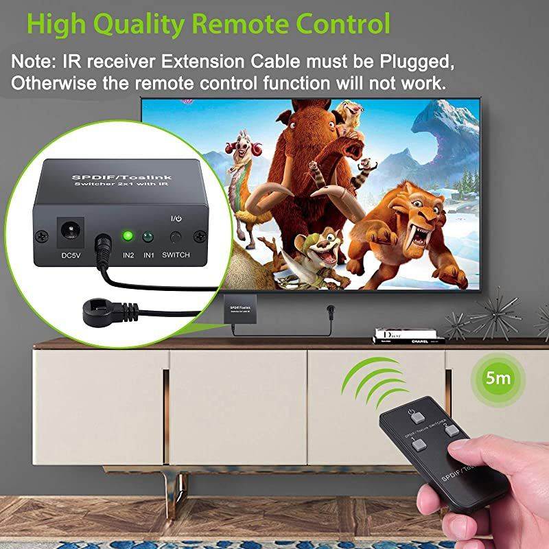 2x1 Digital Optical Audio Switch with IR Remote Control Digital Audio SPDIF Toslink Optical Fiber Switcher 2 in 1 Out Aluminum Alloy with 6ft Optical Cable for PS3 Xbox Blue-Ray DVD HDTV
