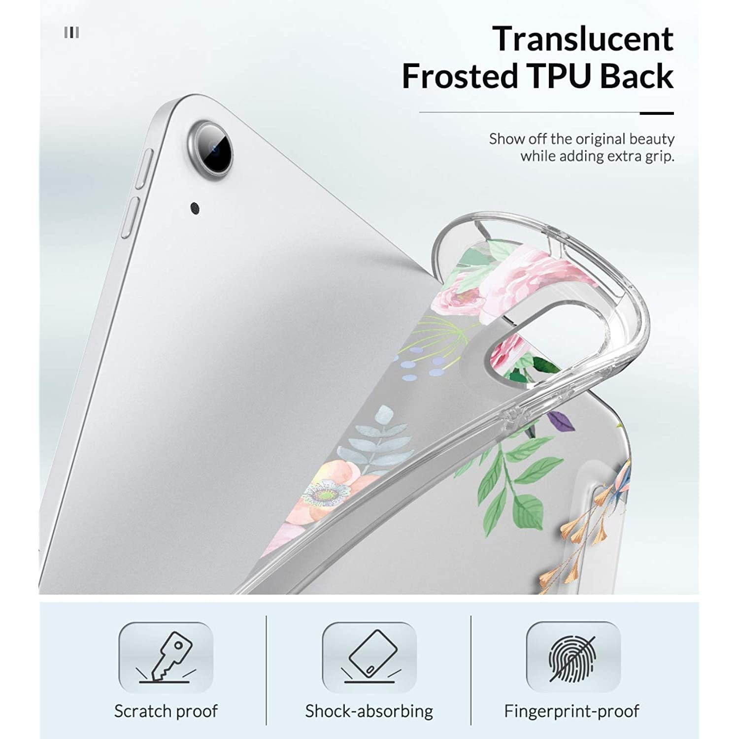 MoKo Case Fit New iPad Air 4, iPad Air 4th Generation Case 2020 10.9", Smart Trifold Stand Slim Folio Case Soft TPU Frosted Translucent Back Cover Fit iPad Air 4 2020,Auto Wake/Sleep,Fragrant Flowers