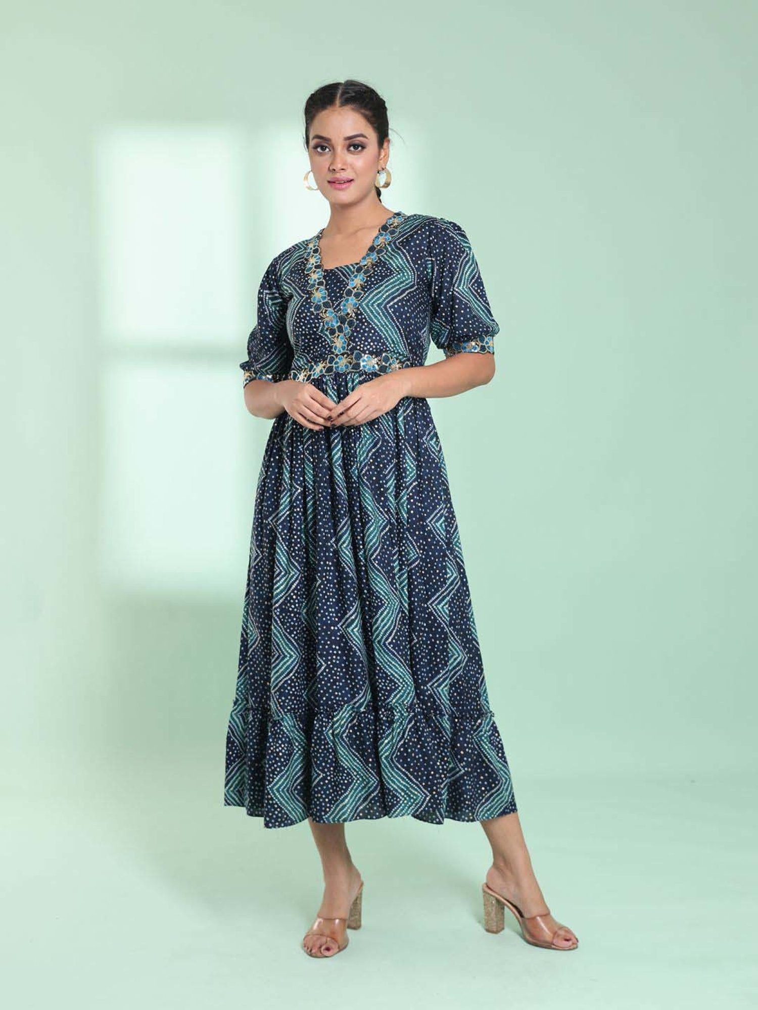CHARUKRITI Blue Printed Maxi Dress