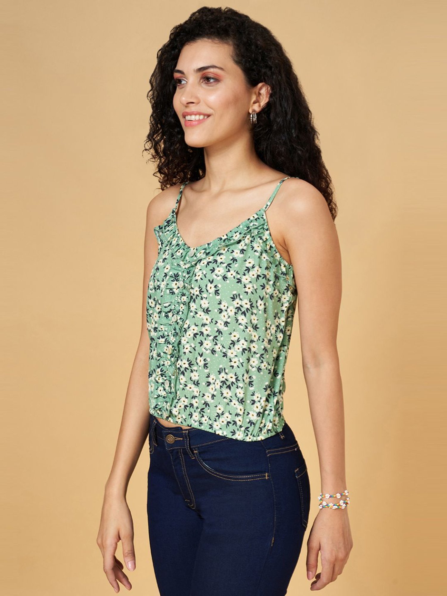 YU by Pantaloons Green Cotton Printed Top