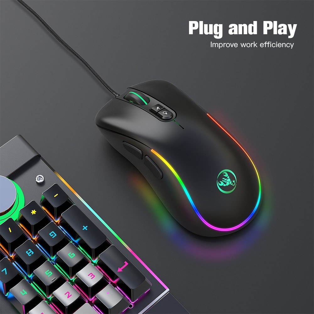 HXSJ J300 Wired Gaming Mouse Seven-key Macro Programming Mouse Six Adjustable DPI Colorful RGB Gaming Mouse Black