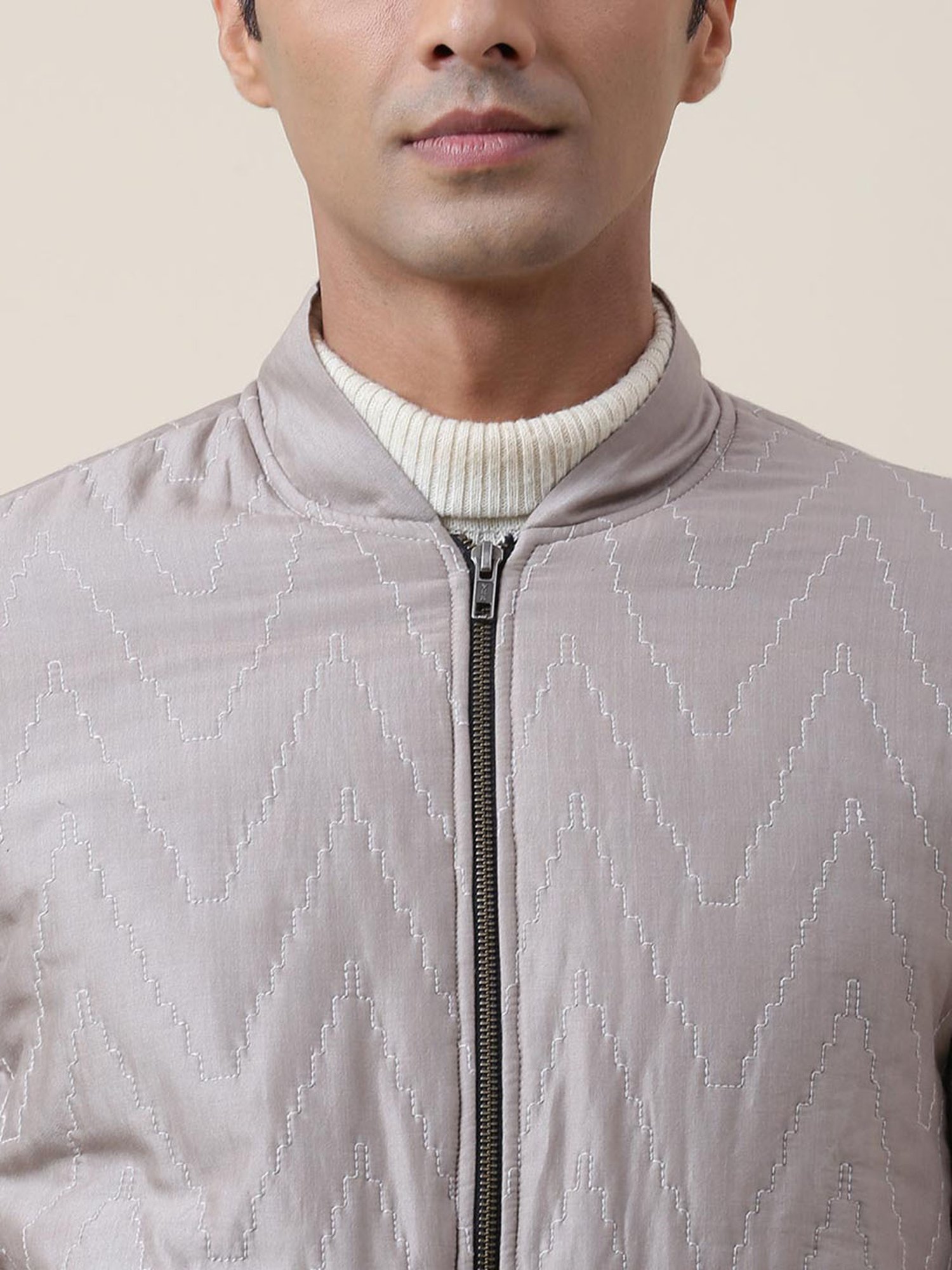 Fabindia Grey Straight Fit Quilted Bomber Jacket