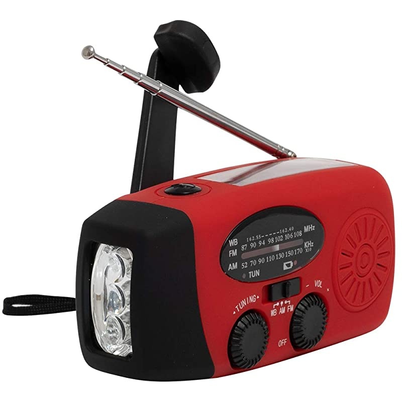Weather Radio Solar Emergency Hand Crank Self Powered AMFMSolar Radios with 3 LED Flashlight 1000mAh Smart Phone Charger Power BankRed