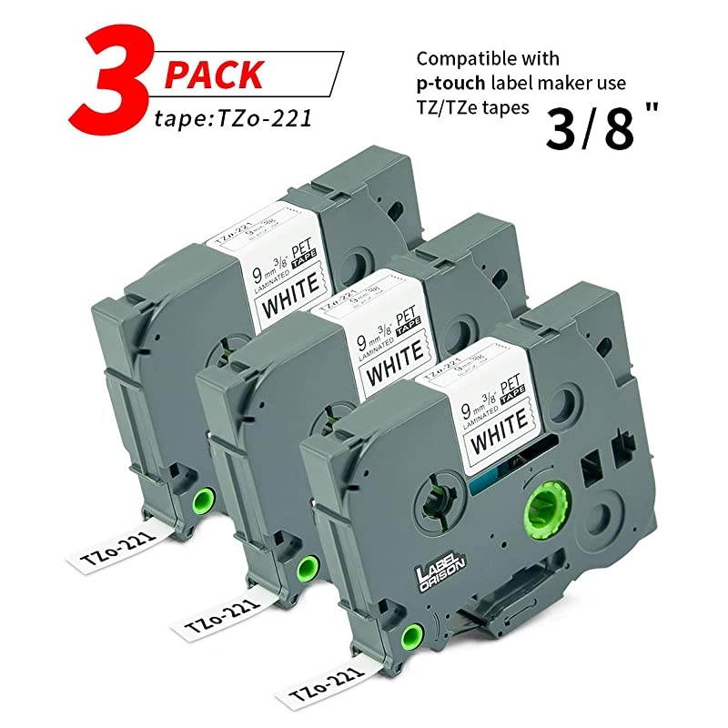 3PK P-Touch Tape TZ221 TZe221 TZ TZe Replacement for Ptouch Standard Laminated Cartridges,9mm Black on White 0.35 inch (3/8") x8m(26.2ft)