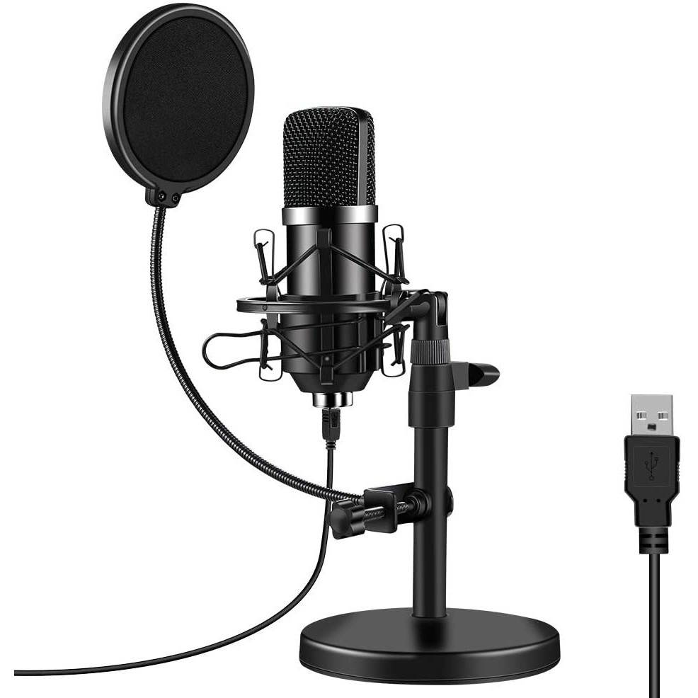 DM04 USB Microphone 192Khz 24bit Condenser Microphone Cardioid Mic for Live Stream Broadcast with Pop Filter and Damper Mount-Black