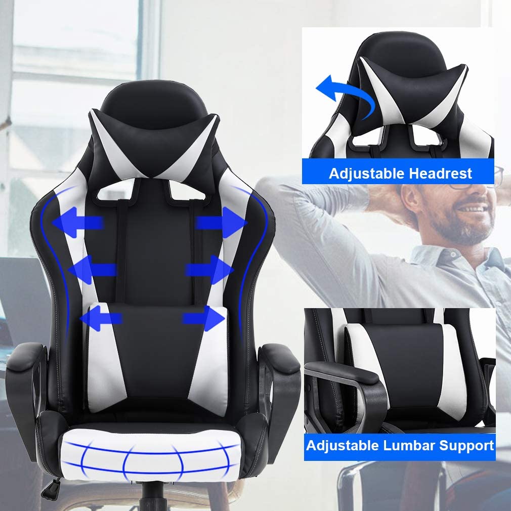 Gaming Chair Massage Office Chair Racing Chair with Lumbar Support Arms Headrest High Back PU Leather Ergonomic Desk Chair Rolling Swivel Adjustable PC Computer Chair for Women Adults Girls(White)