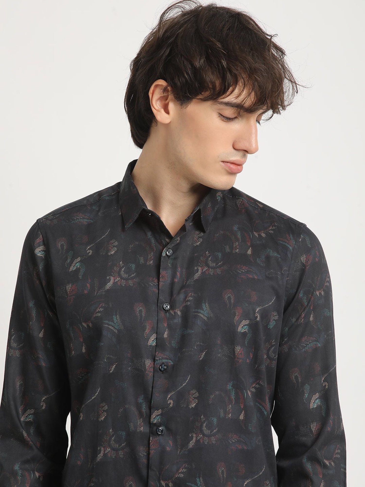 The Bear House Black Cotton Slim Fit Printed Shirt