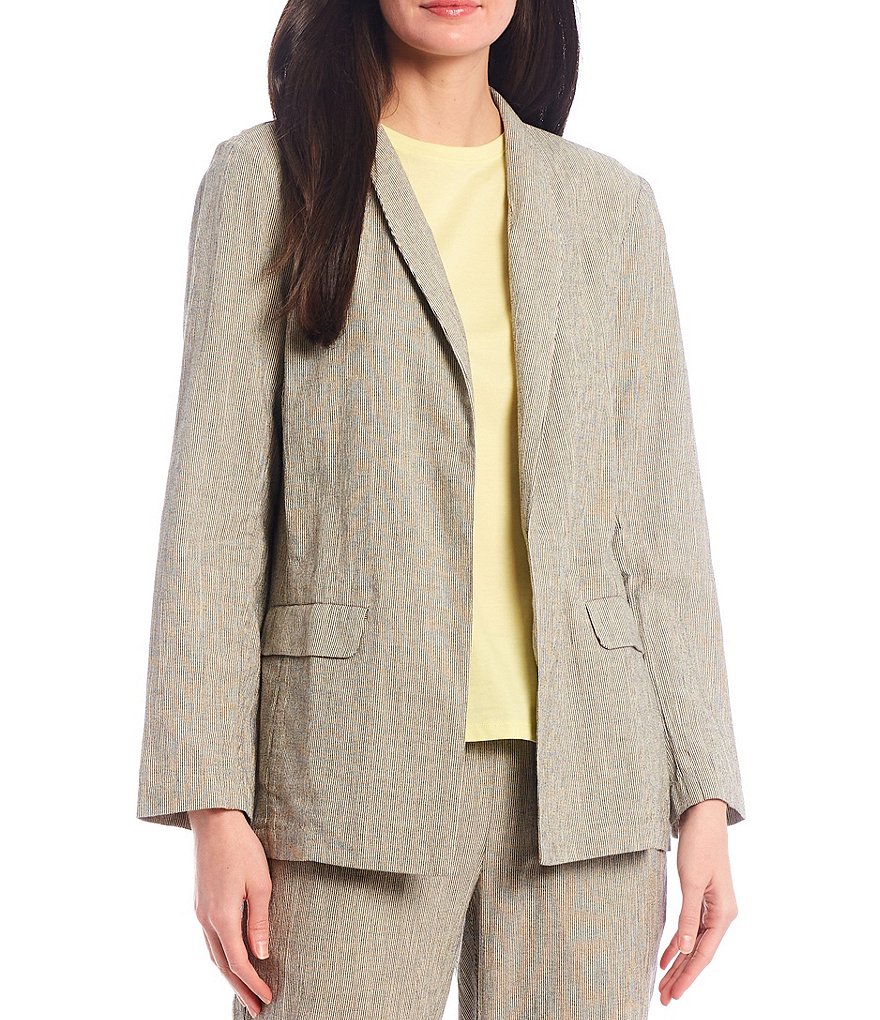 Eileen Fisher Petite Size Organic Cotton Linen Ticking Stripe High Collar Shaped Jacket