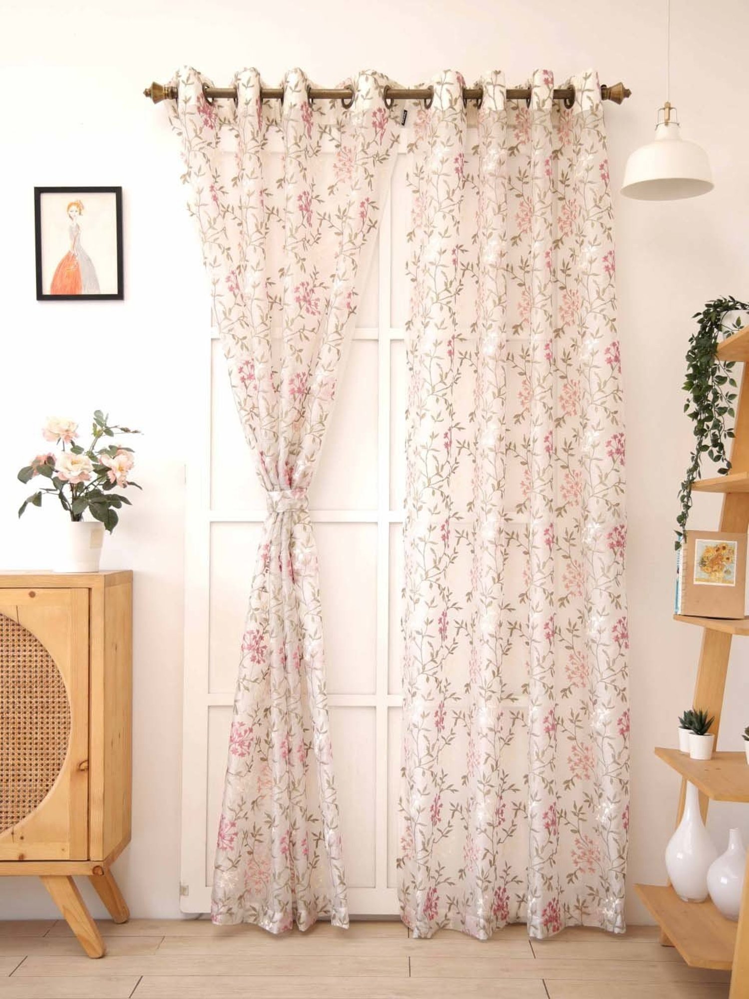 Ariana Beige & Pink Polyester 5 Ft Window Curtain - Single Piece