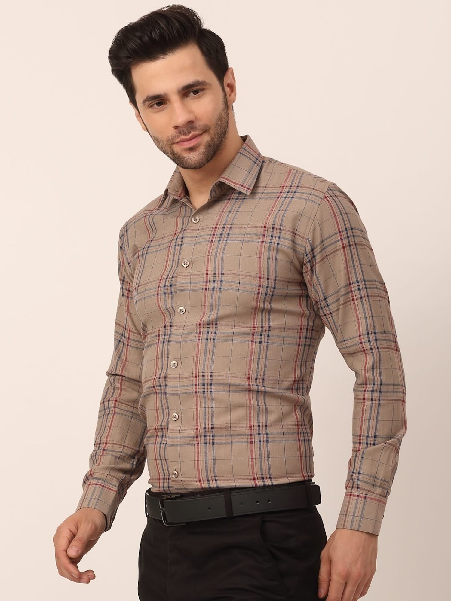 Jainish Brown Cotton Regular Fit Checks Shirt