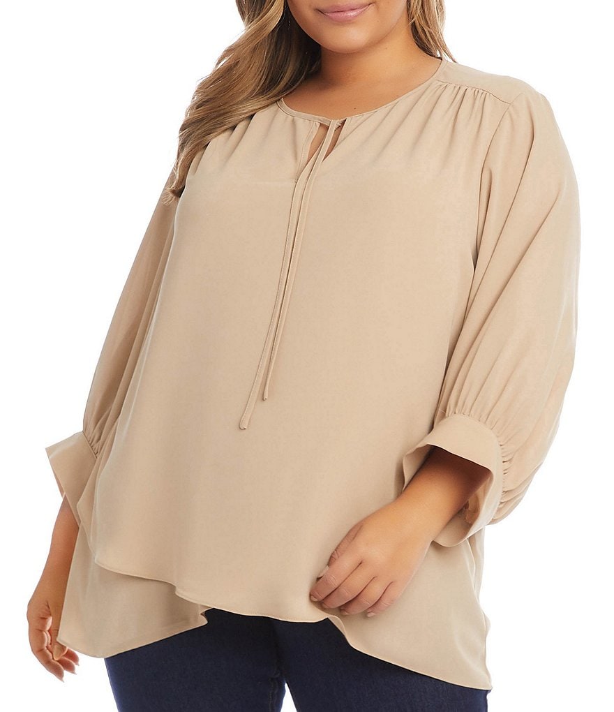 Karen Kane Plus Size Tie Round Split Neck 3/4 Blouson Sleeves Crossover Hem Top