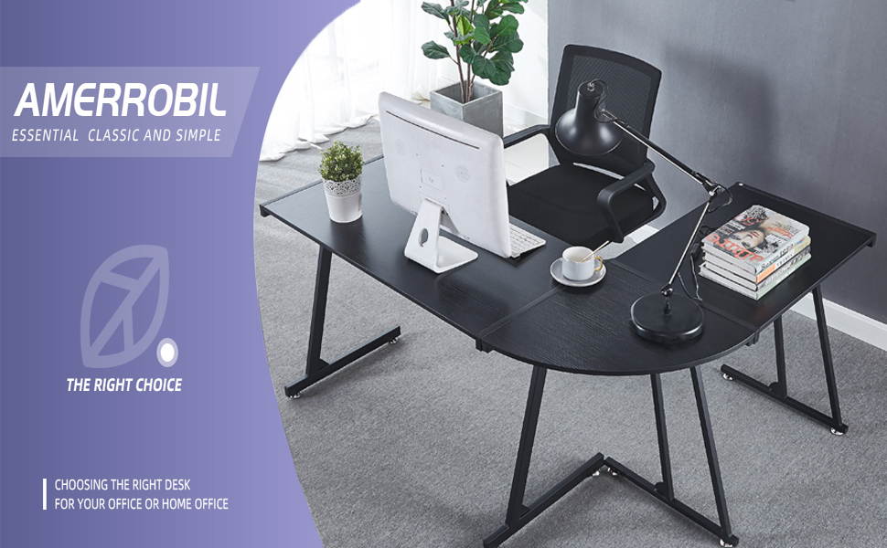 L-Shaped Computer Desk - 57.9" Home Office Corner Desk with Adjustable Keyboard Tray - Durable Black Surface Study Table for PC Laptop Gaming and Writing - with Sturdy Adjustable Steel Legs