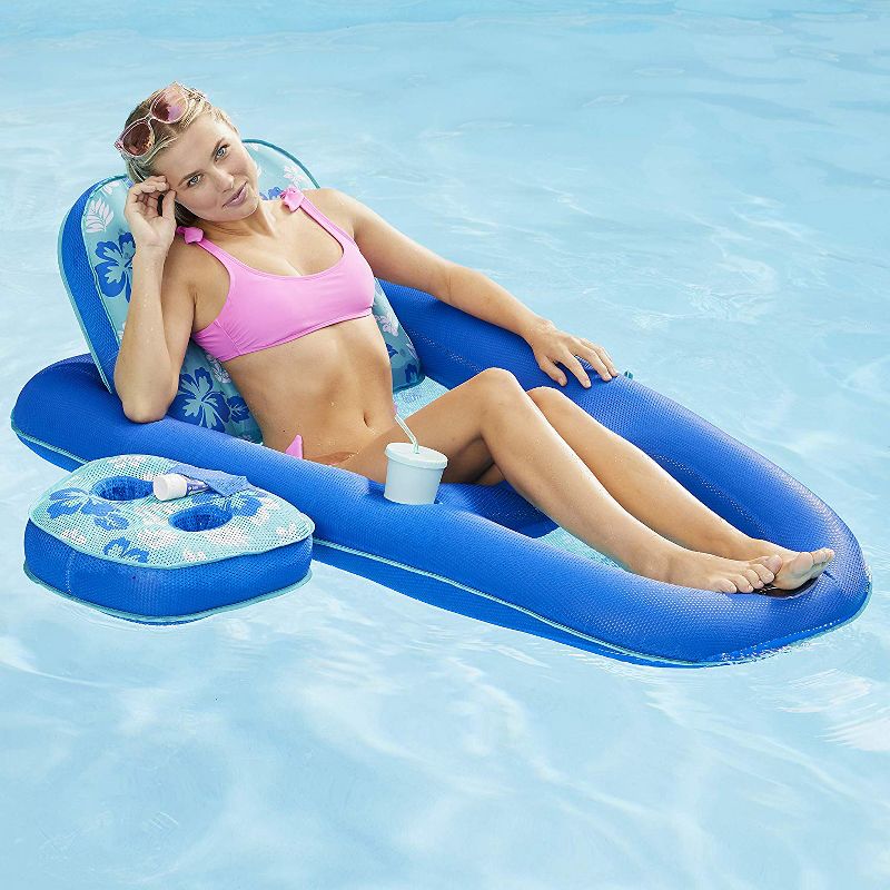 Aqua Leisure Campania Inflatable Convertible 2 in 1 Swimming Pool Water Float Lounger with Caddy, 1 Teal Hibiscus & 1 Navy Hibiscus