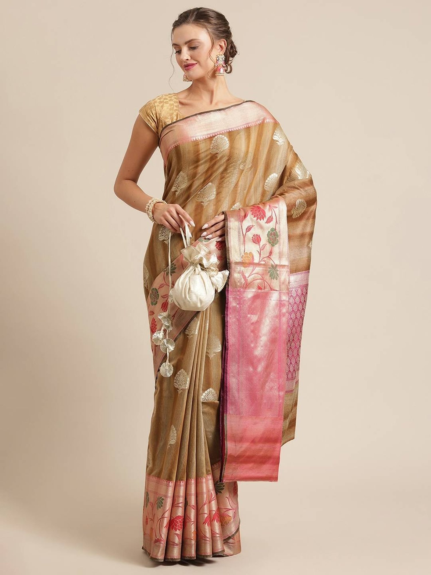 Banarasi Silk Works Brown Woven Saree with Blouse