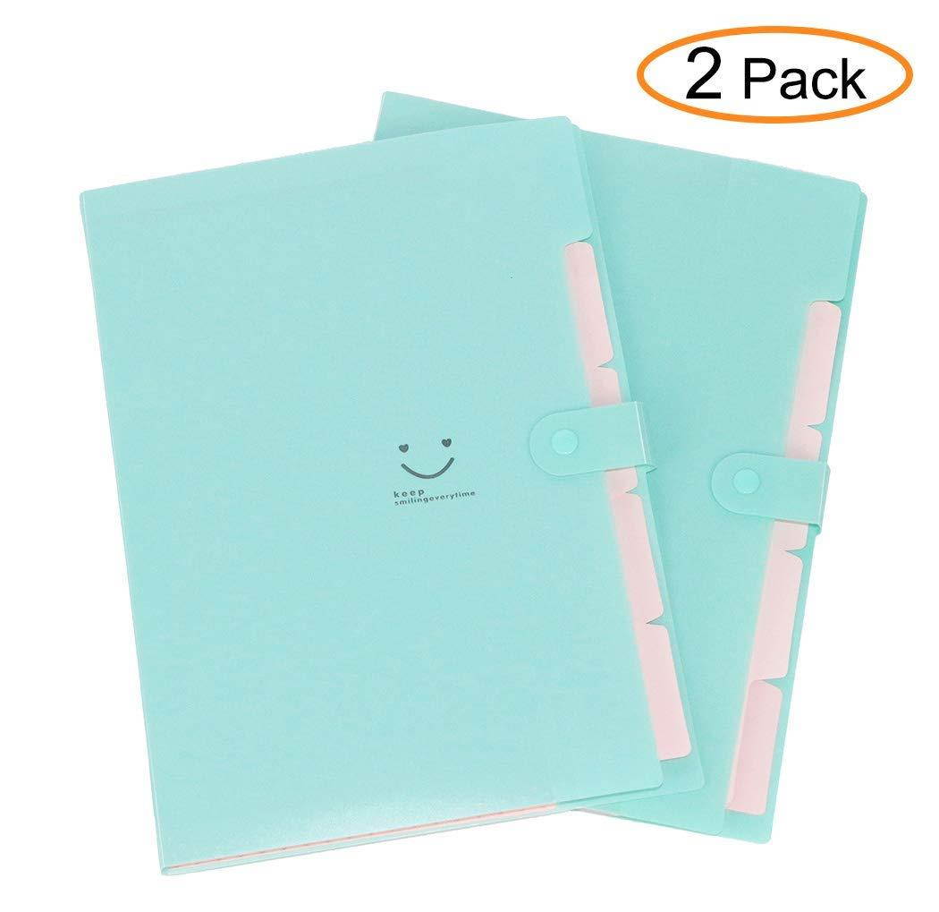 Placstic Expanding File Folders Accordion Document Organizer 5-Pocket A4 Letter Size with Snap Closure for School and Office,2-Pack,Green
