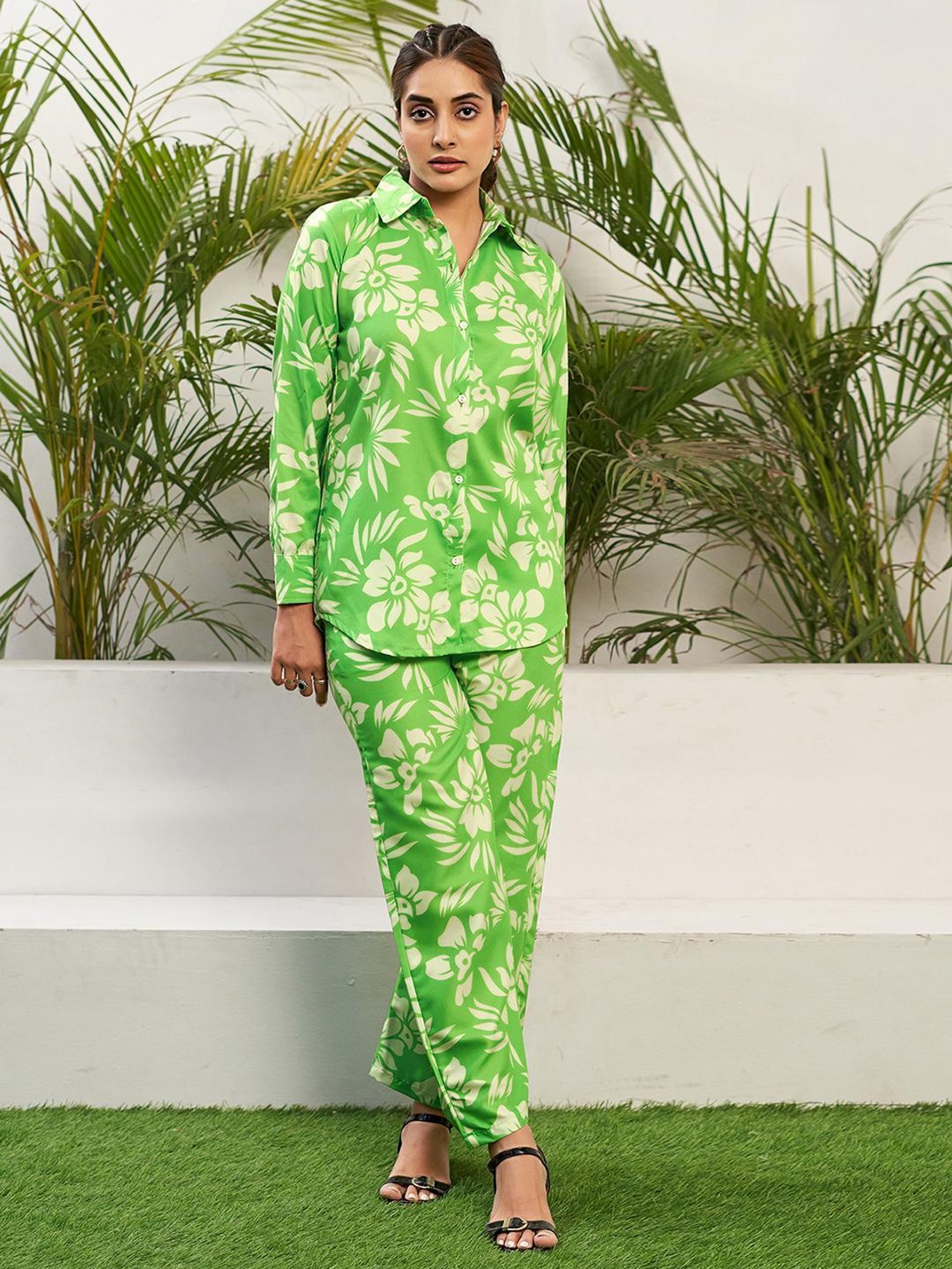 SELVIA Lime Green Floral Print Co-Ord Set