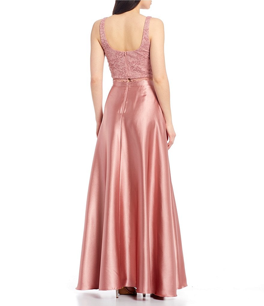 Sequin Hearts Glitter Lace with Side Slit Satin Skirt Two-Piece Long Dress