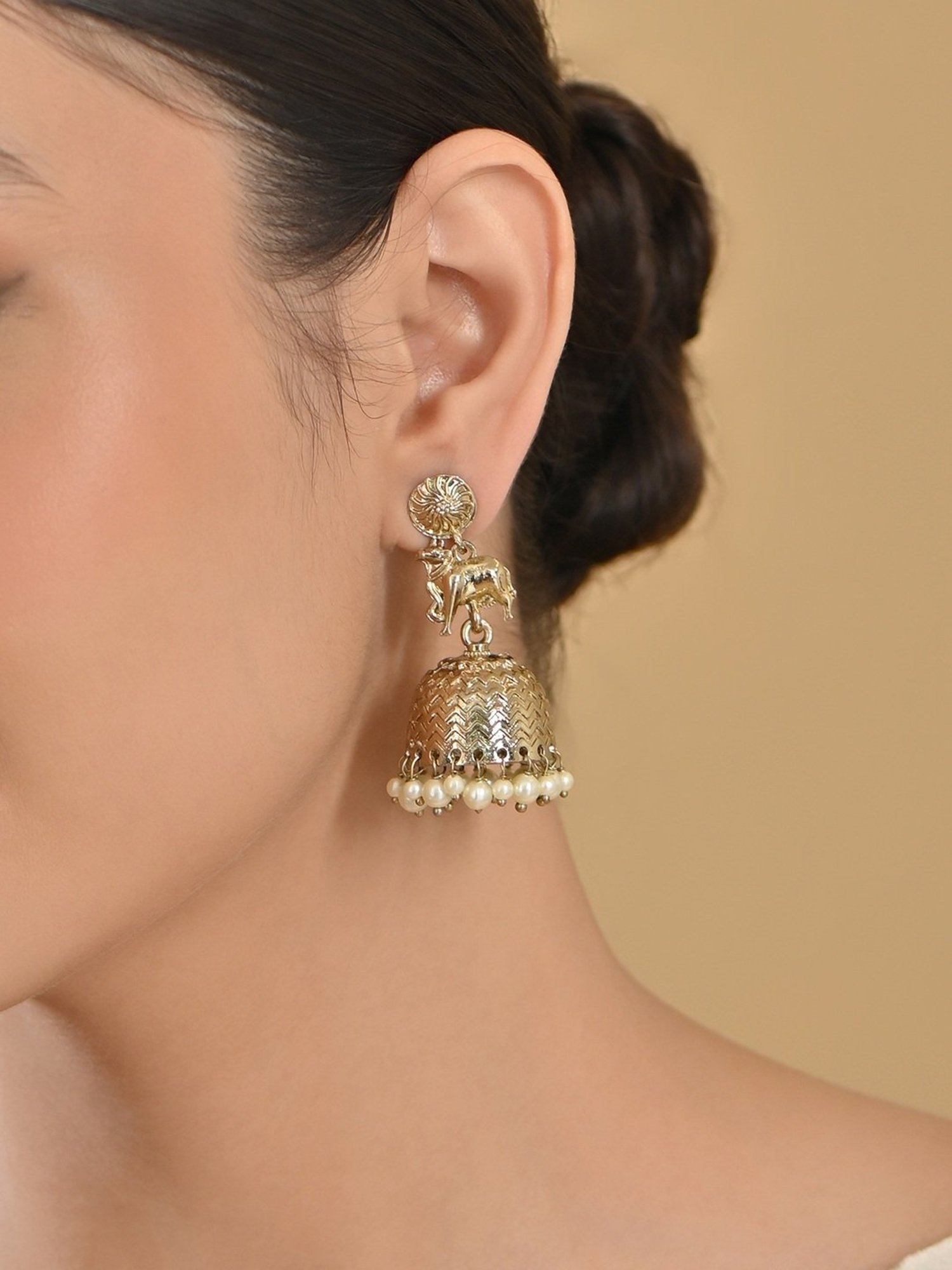 Fida White Ethnic Wedding Dome Shape Pearl Nandi Cow Temple Jhumki Earrings