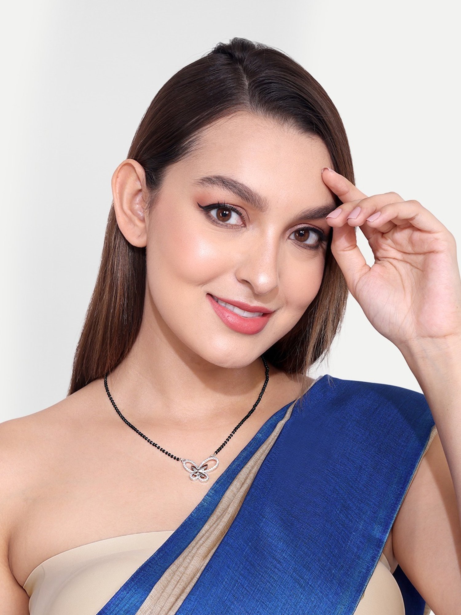 Abdesigns Silver-Plated Black Beaded American Diamond Mangalsutra