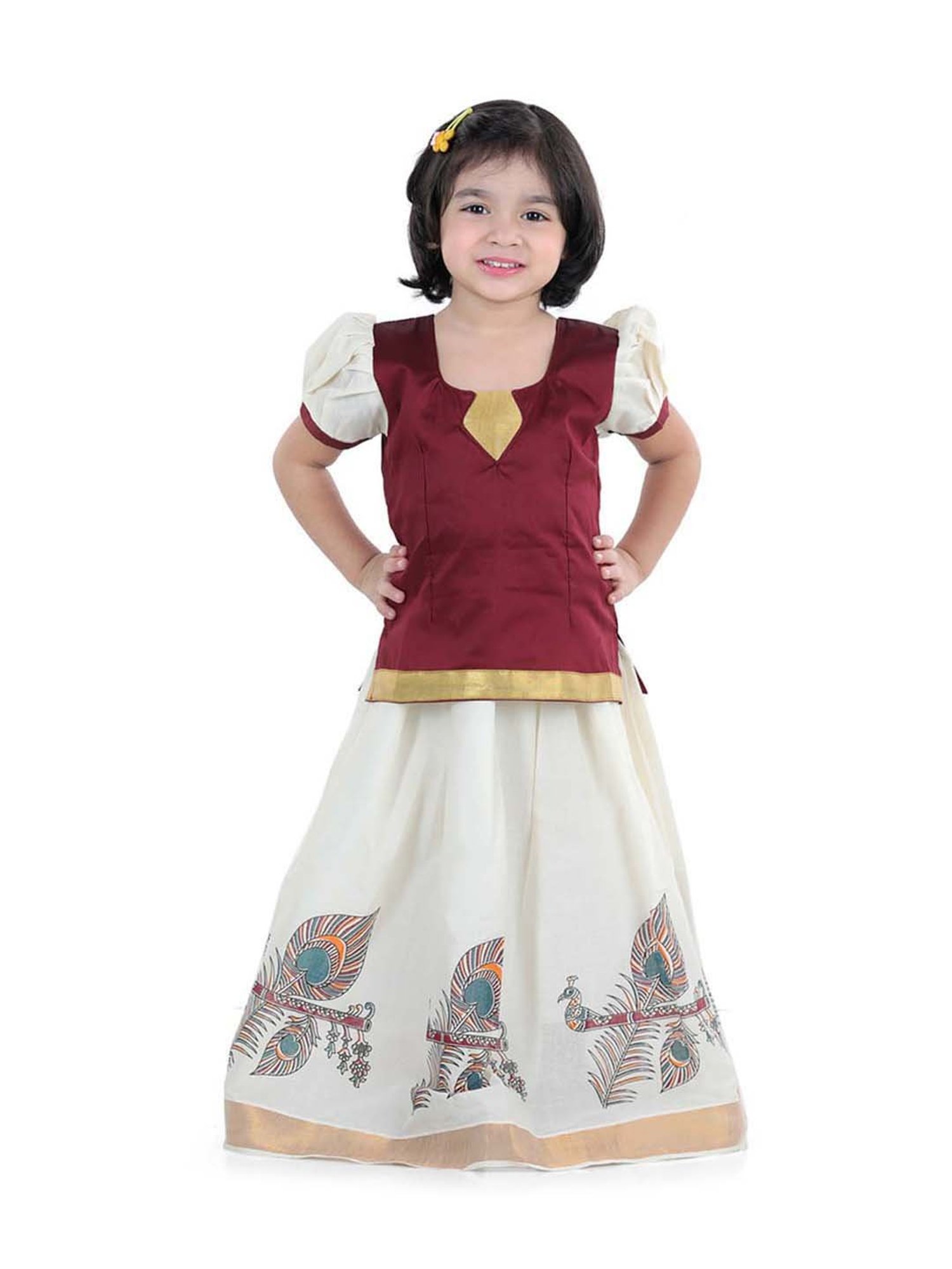 BownBee Kids Maroon & White Printed Pavda Pattu Lehenga