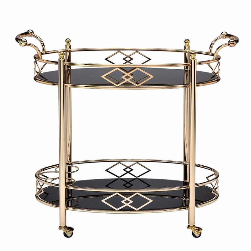 Metal Framed Serving Cart with Tempered Glass Top and Open Bottom Shelf Gold/Black - Benzara