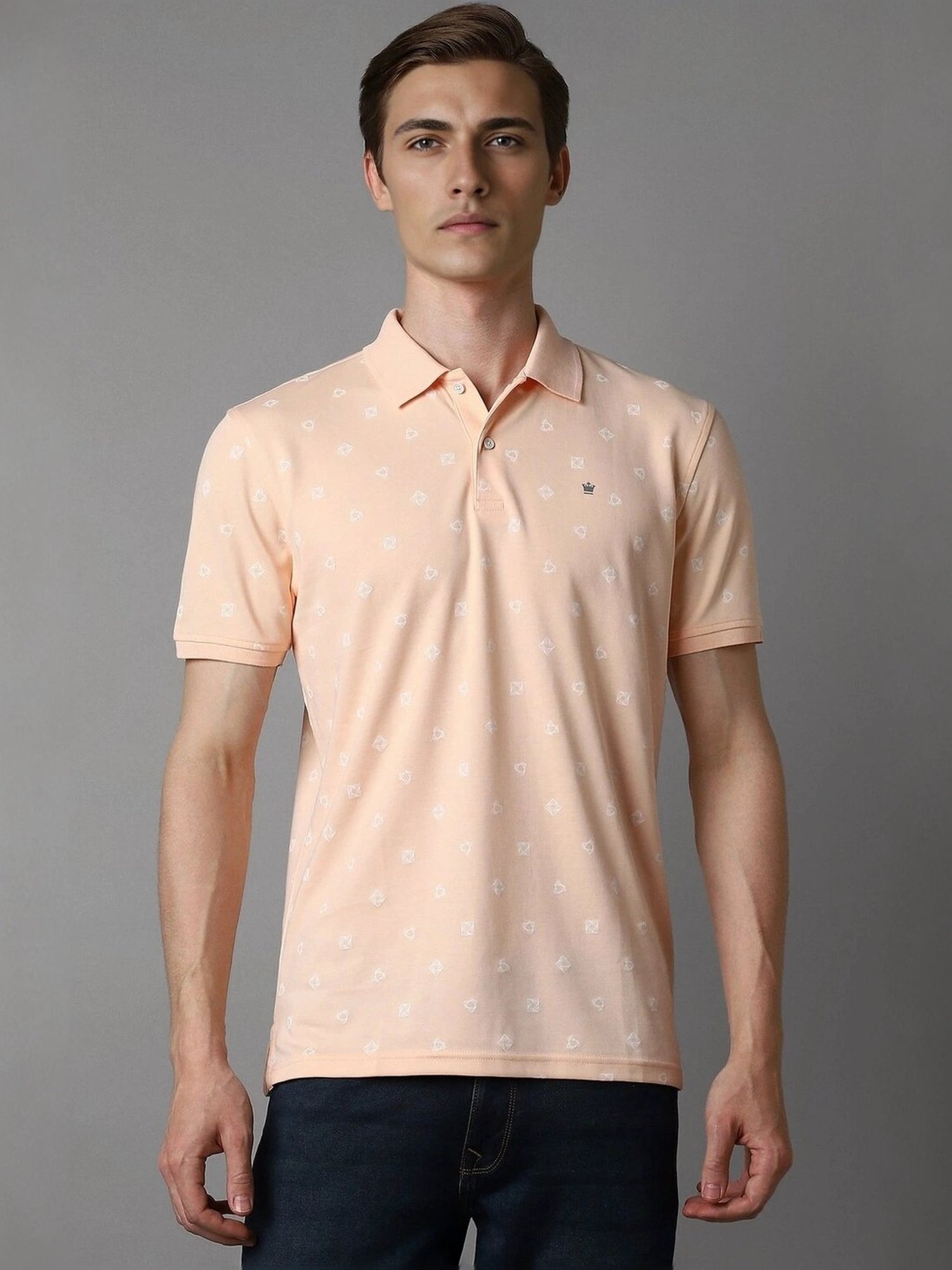 Louis Philippe Peach Cotton Slim Fit Printed Polo T-Shirt