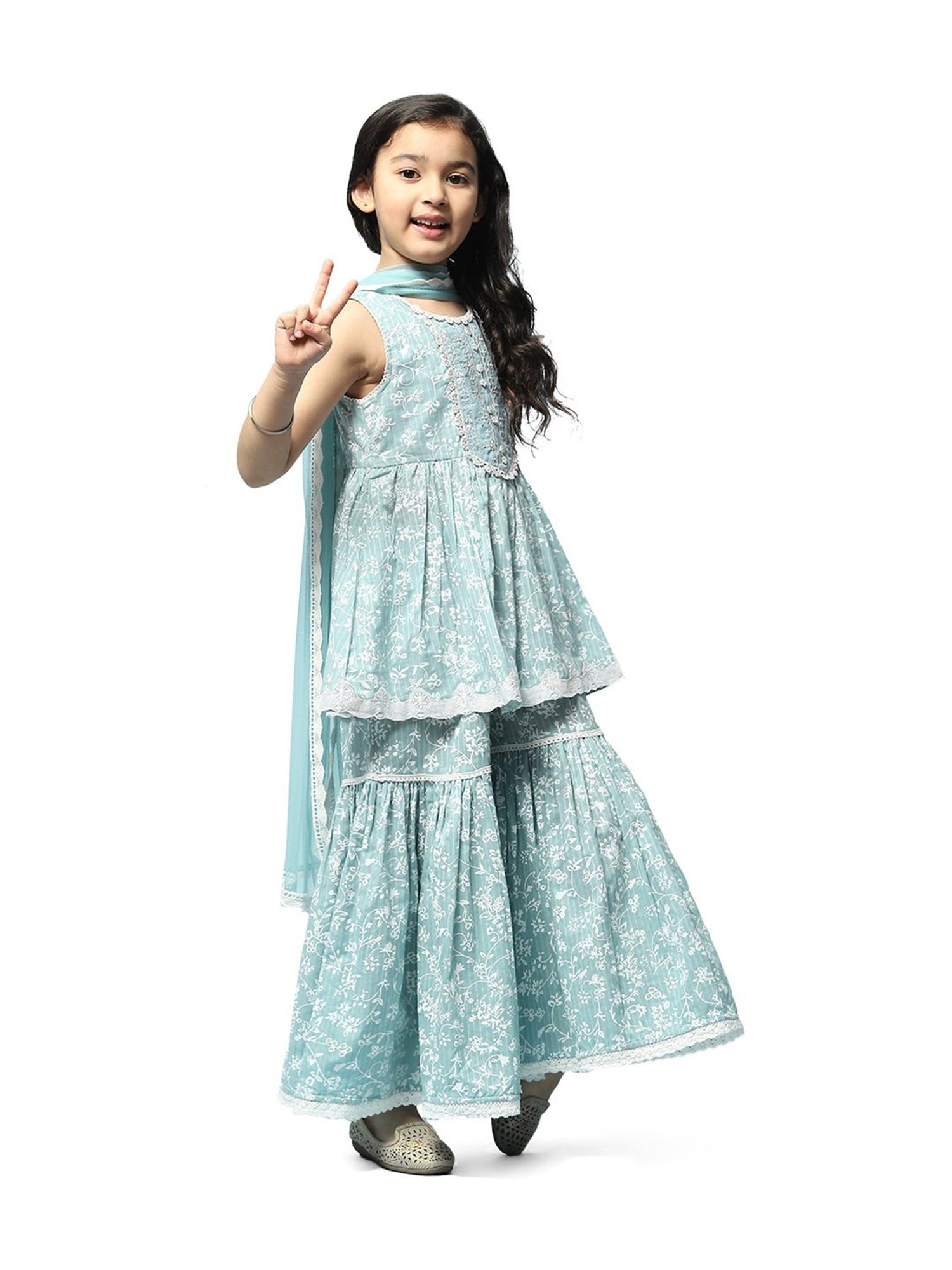 BIBA Girls Kids Powder Blue Cotton Embroidered Kurta Set