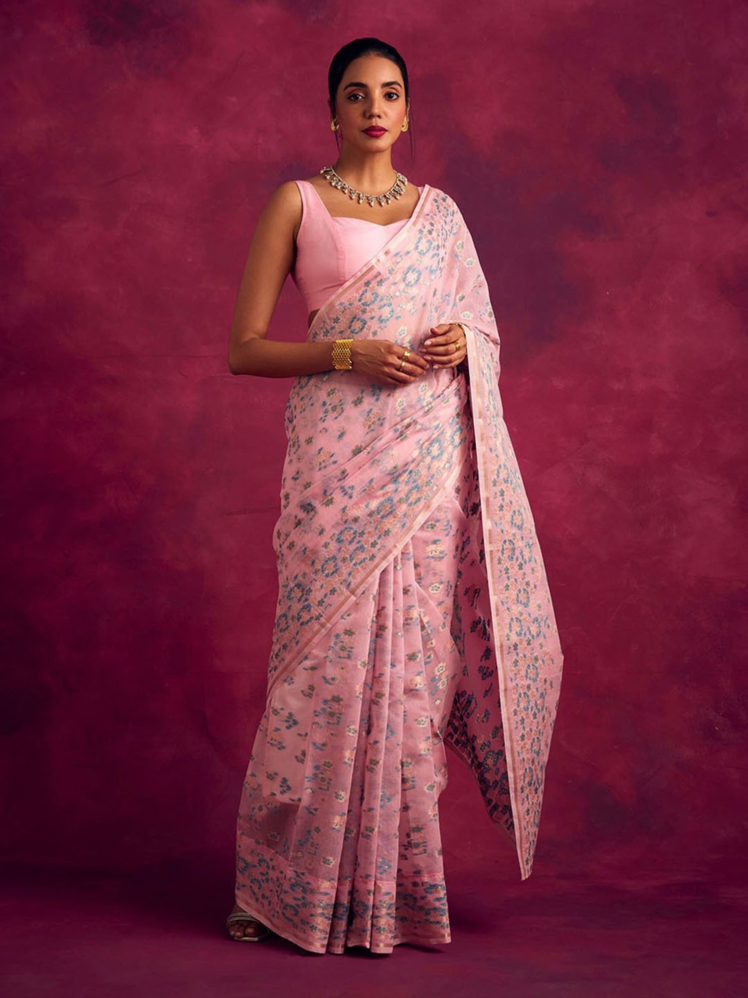Abhishti Pink Woven Saree Without Blouse