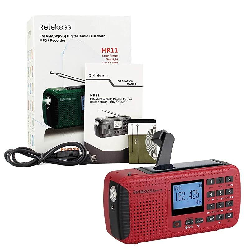 HR11W Digital NOAA Weather Radio, Solar Radio Bluetooth, Wind Up Radio Emergency with Phone Charger, TF Socket, SOS Alarm, for Hurricanes (Red)