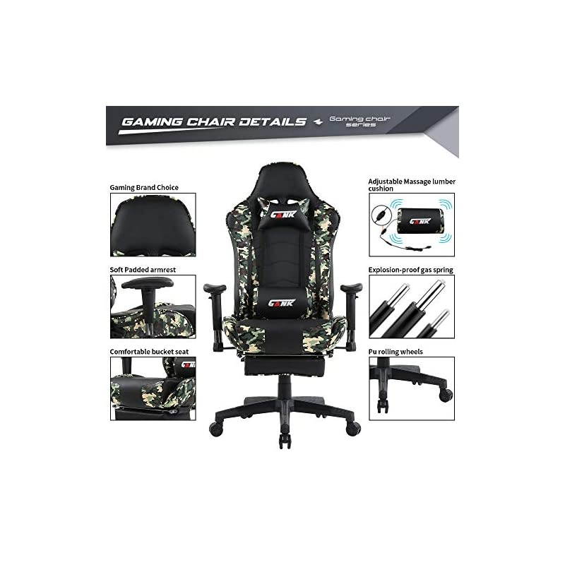 Ergonomic Gaming Chair,Office Computer Game Chair,E-Sports Chair,Gaming Chair,Racing Style with Adjustable Recliner Headrest Lumbar Pillow and Retractable Footrest (Camouflage)