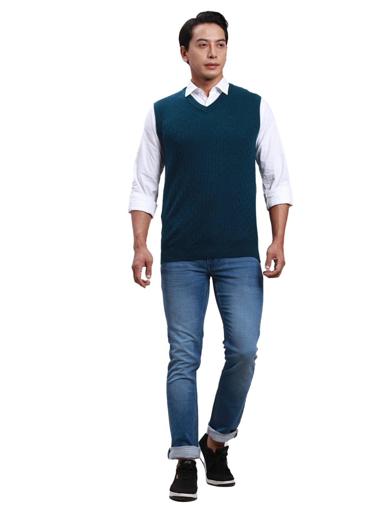 ColorPlus Blue Classic Fit Self Pattern Sweater