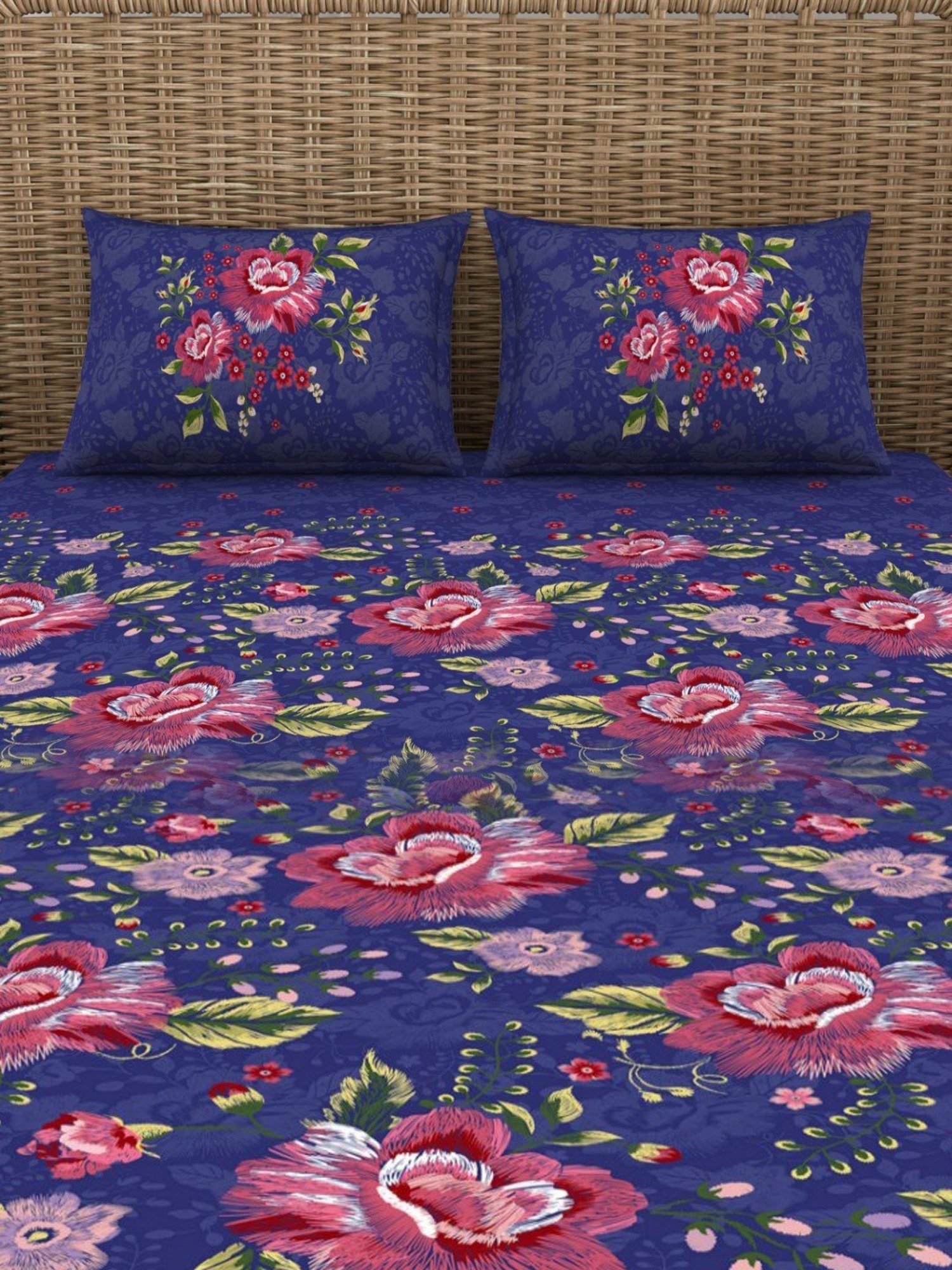 Spaces Printed Blue 144 TC Cotton Queen Bed Sheet with 2 Pillow Covers