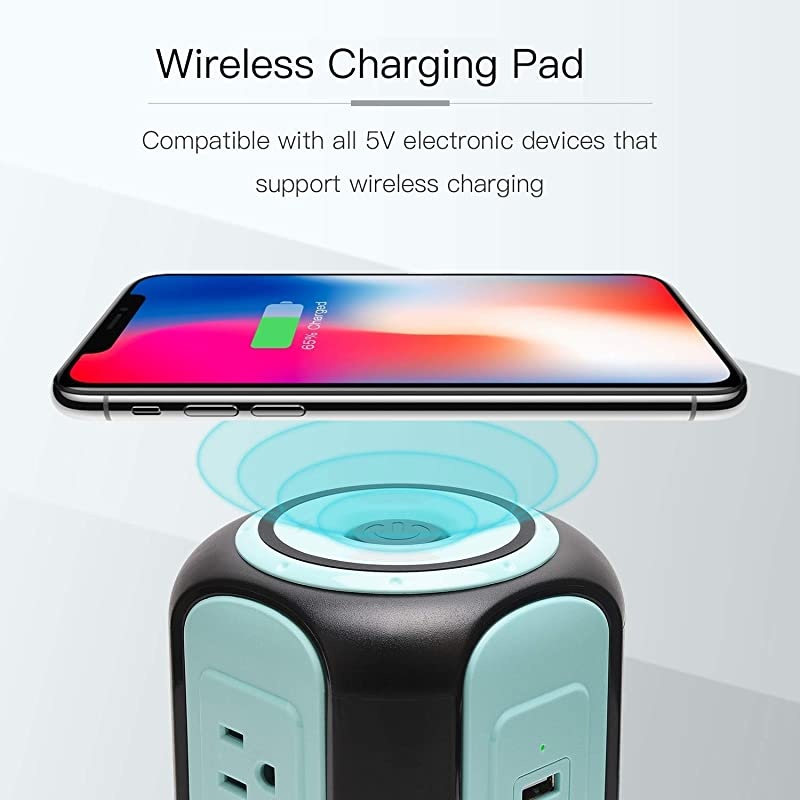 10ft Power Strip Tower Wireless Charger Surge Protector Extension Cord 10A 9-Outlet 4 USB 4.5A Fast Speed Charging Electrical Station Universal Socket for Laptop Phone Black and Blue