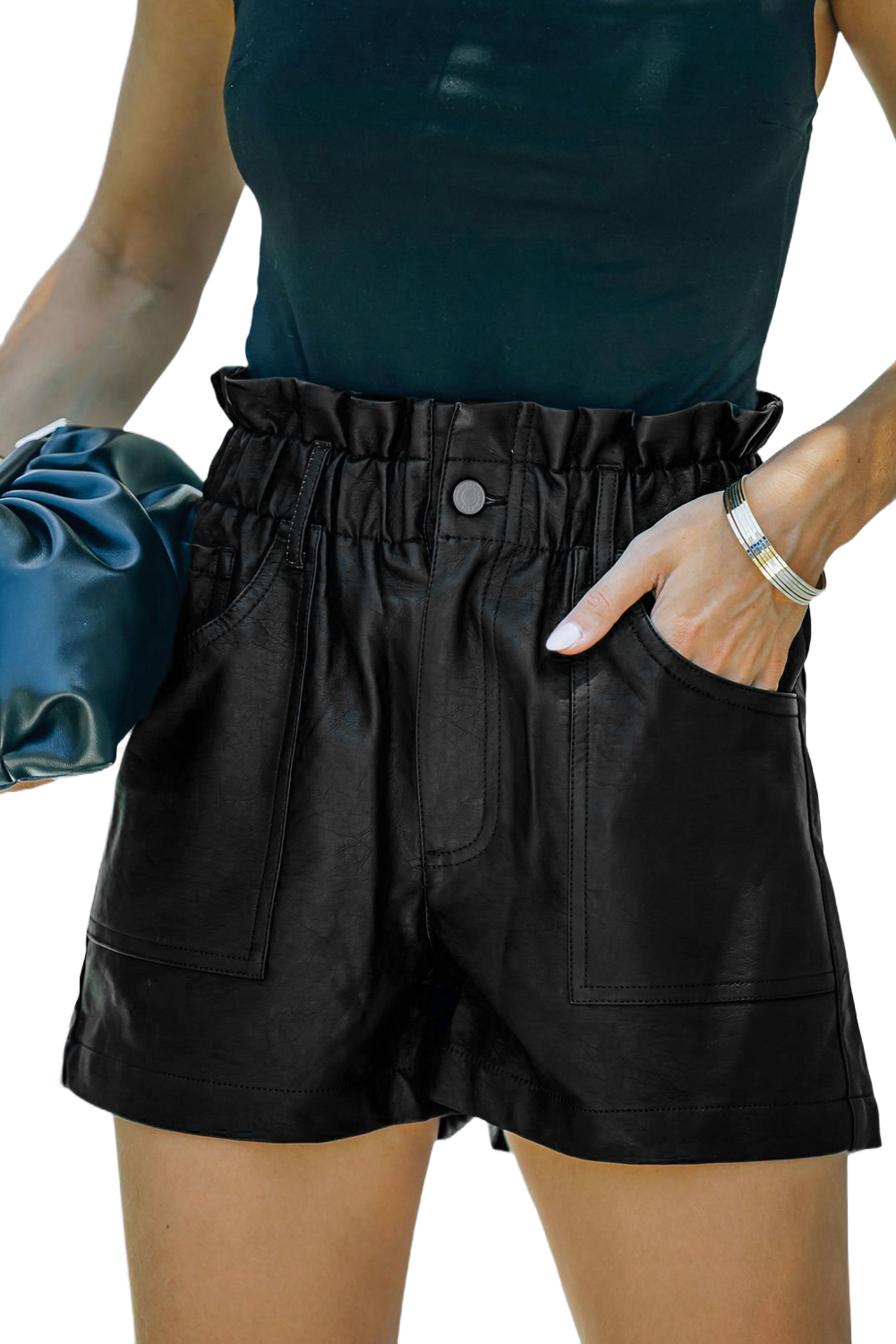 Black Faux Leather Paper Bag Frill Waist Shorts