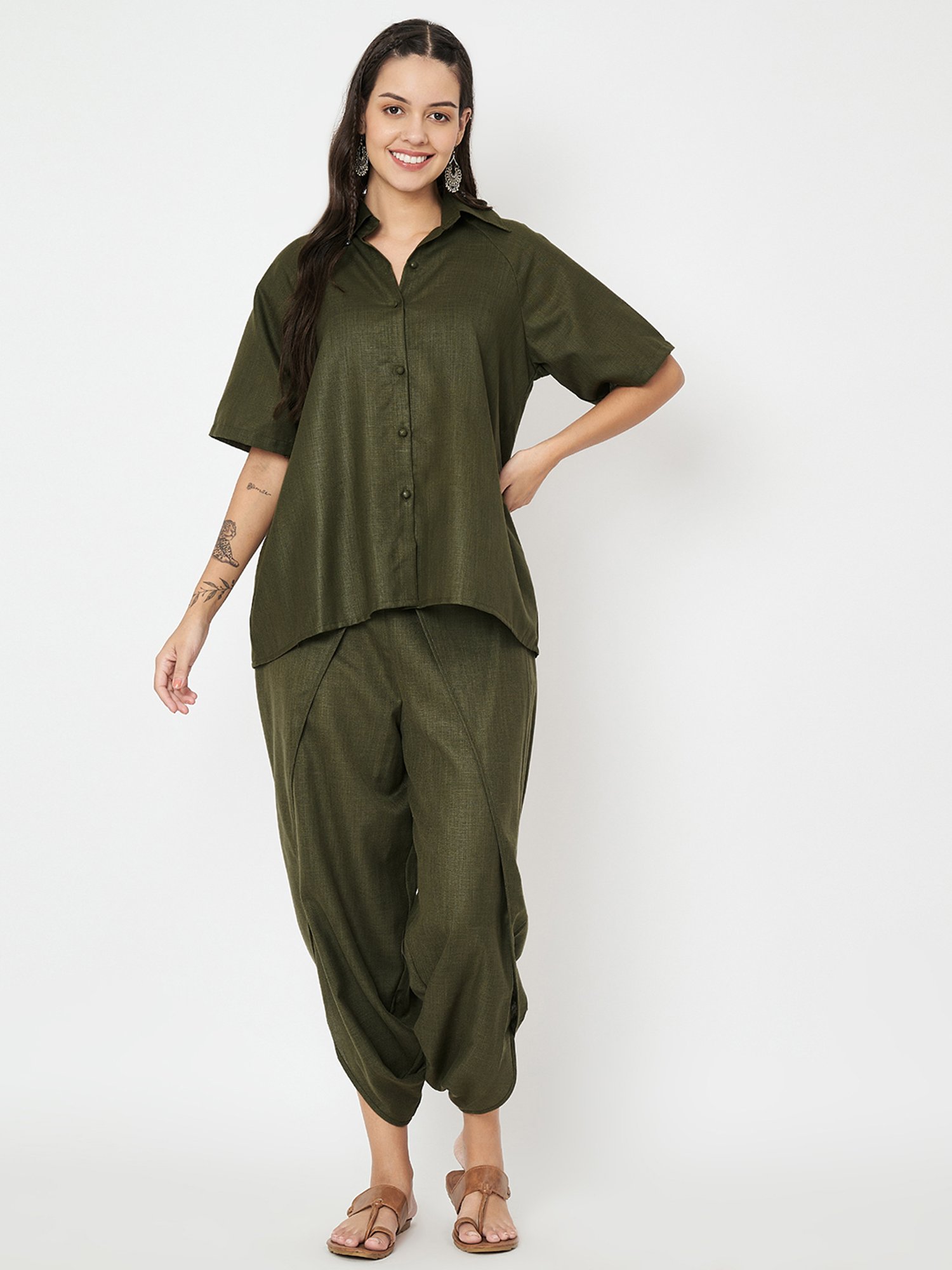9rasa Olive Shirt & Dhoti Set