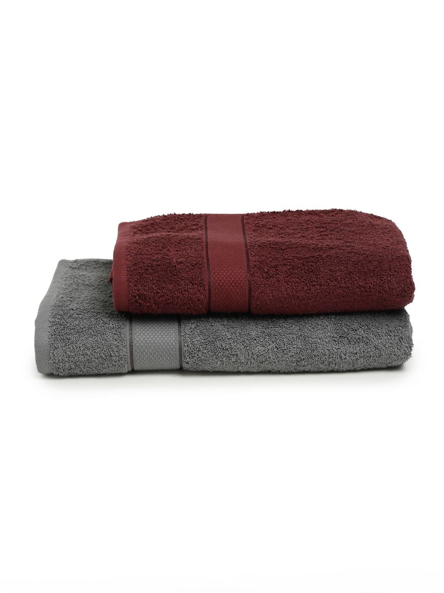 Creeva Grey & Wine 525 GSM Cotton Bath Towel Set of 2