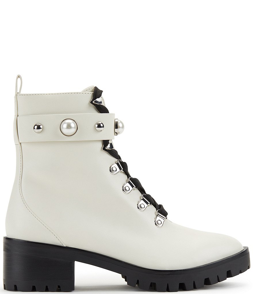 KARL LAGERFELD PARIS Perry Pearl Stud Leather Combat Booties