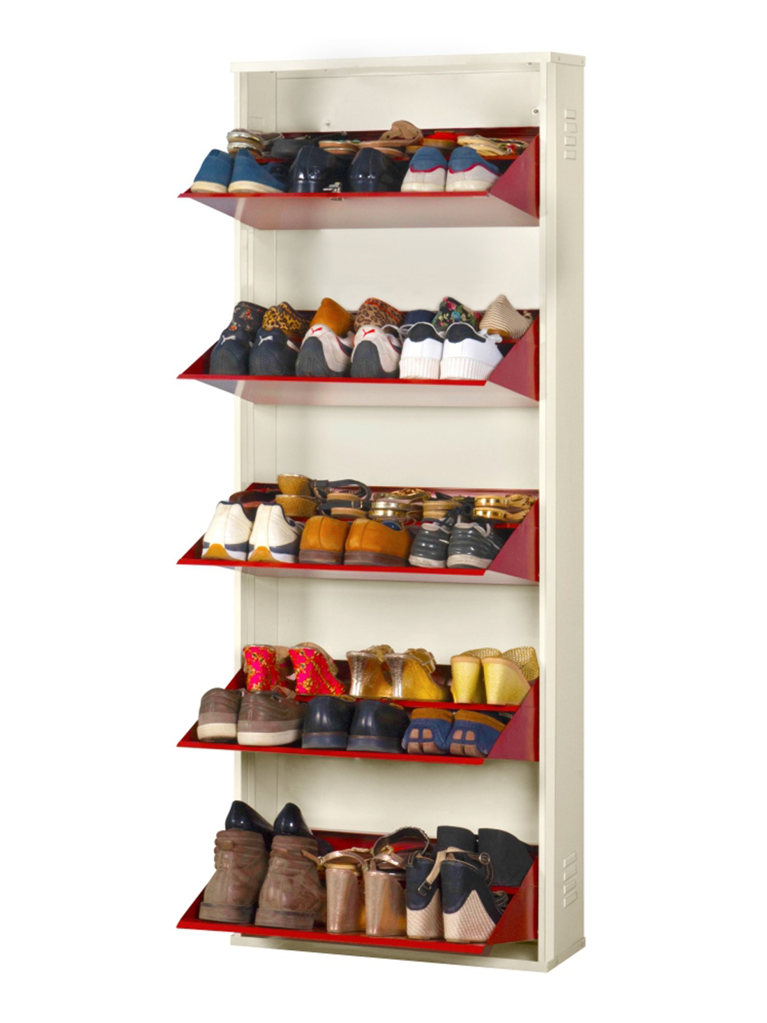 Delite Kom Metal Shoe Rack - 24"10 Shelf, Double Decker, Ivory BrickRed, PowderCoat, Wall Mount, DIY