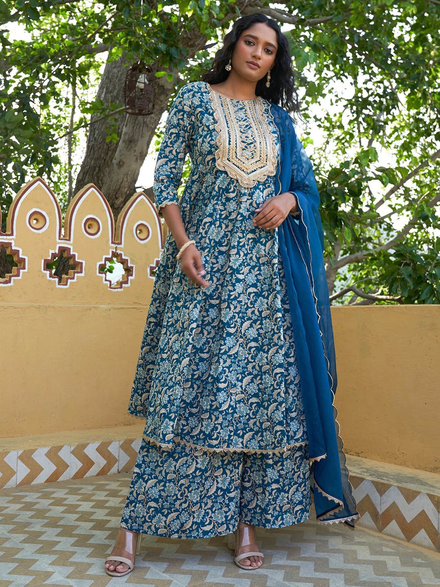 Janasya Teal Cotton Floral Print Kurta With Palazzo & Dupatta