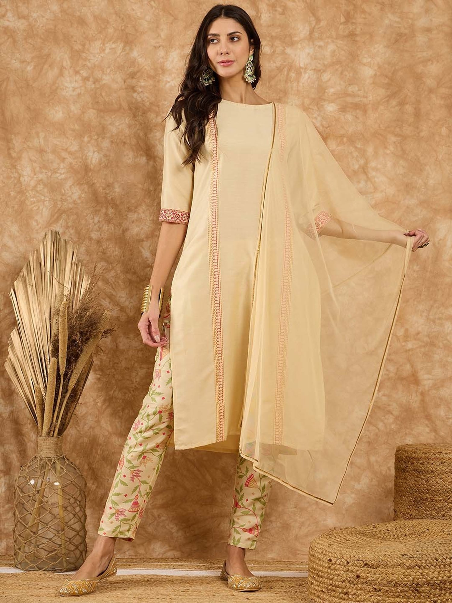 Ziyaa Beige Printed Kurta With Pant & Dupatta