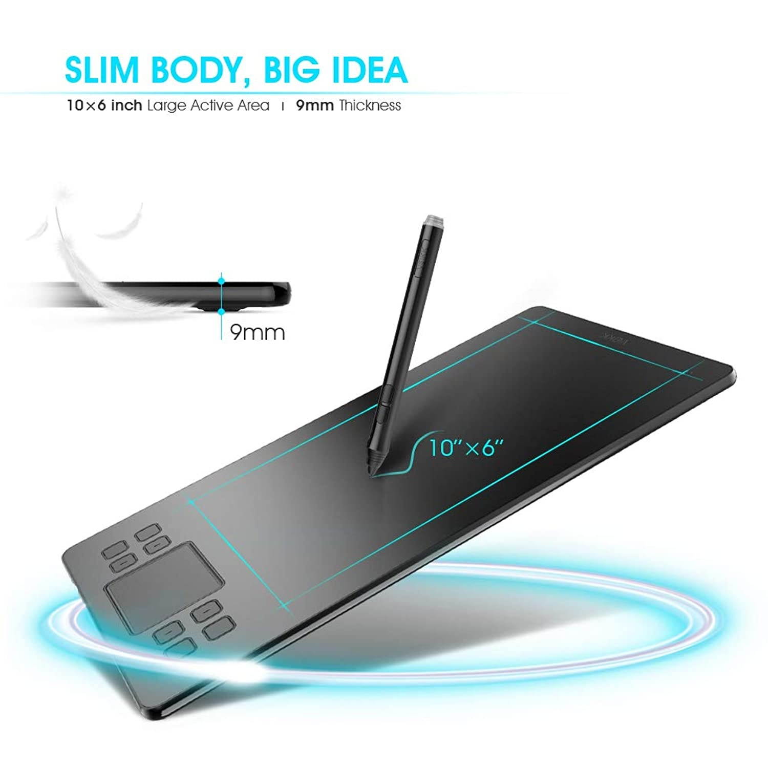 Drawing Tablet VEIKK A50 Graphics Pen Tablet 10x6 inch Active Area,Smart Gesture Touch and 8 Express Keys,with 8192 Levels Battery-Free Pen