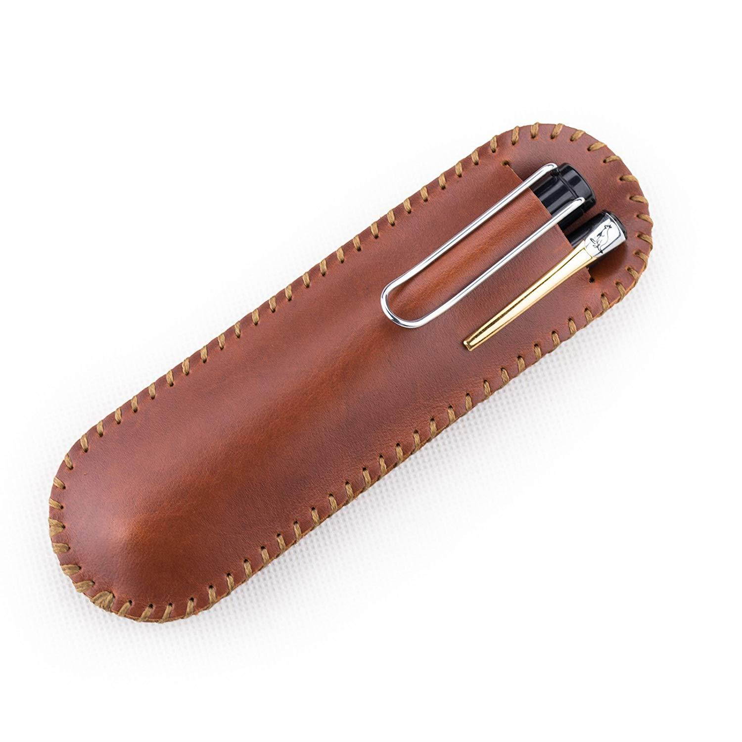 Ancicraft Genuine Leather Pen Sleeve Case Holder Pouch Handmade (For Single or Double Pens, Red Brown)