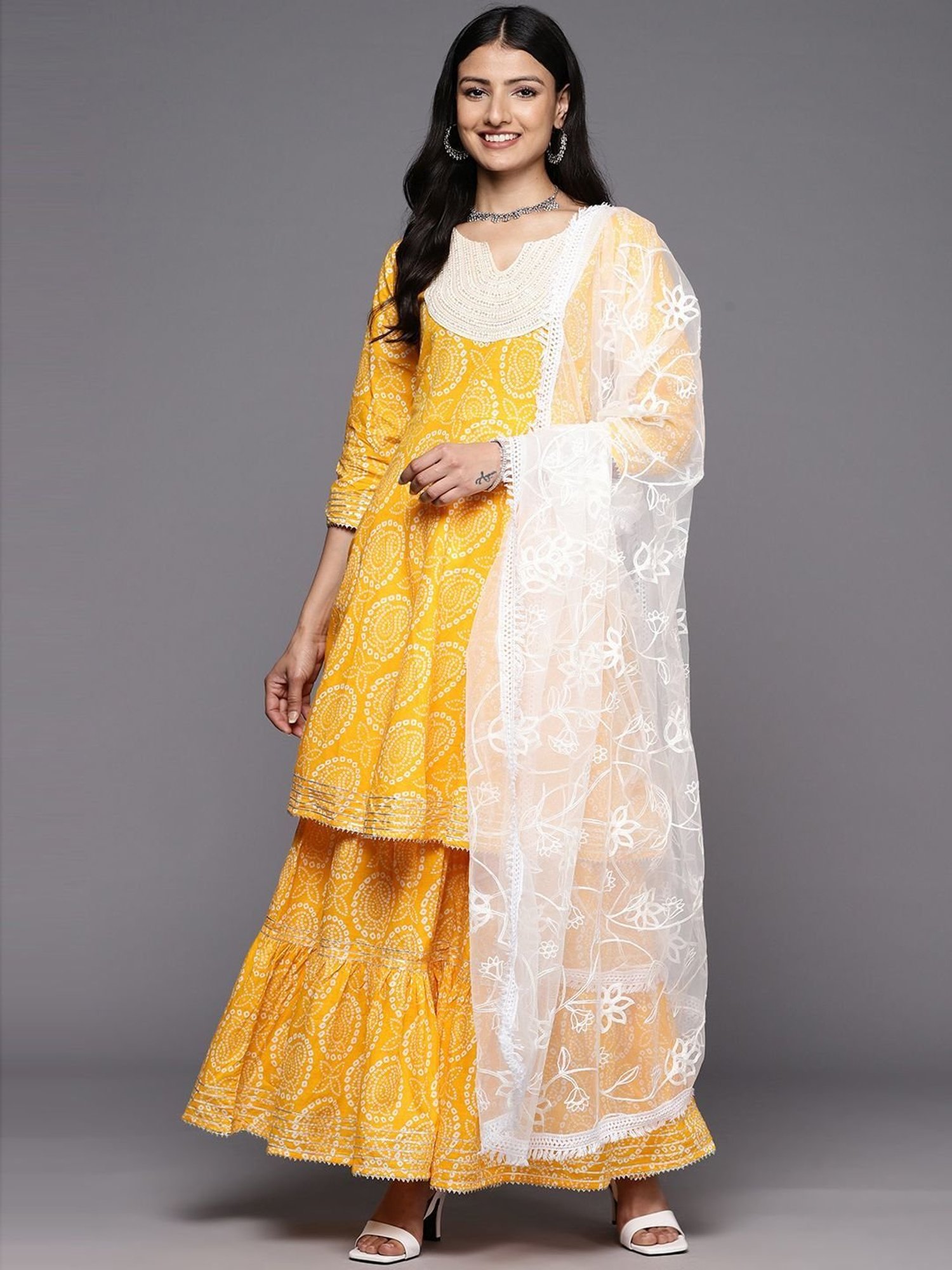 KSUT Mustard Cotton Printed Kurta Sharara Set With Dupatta