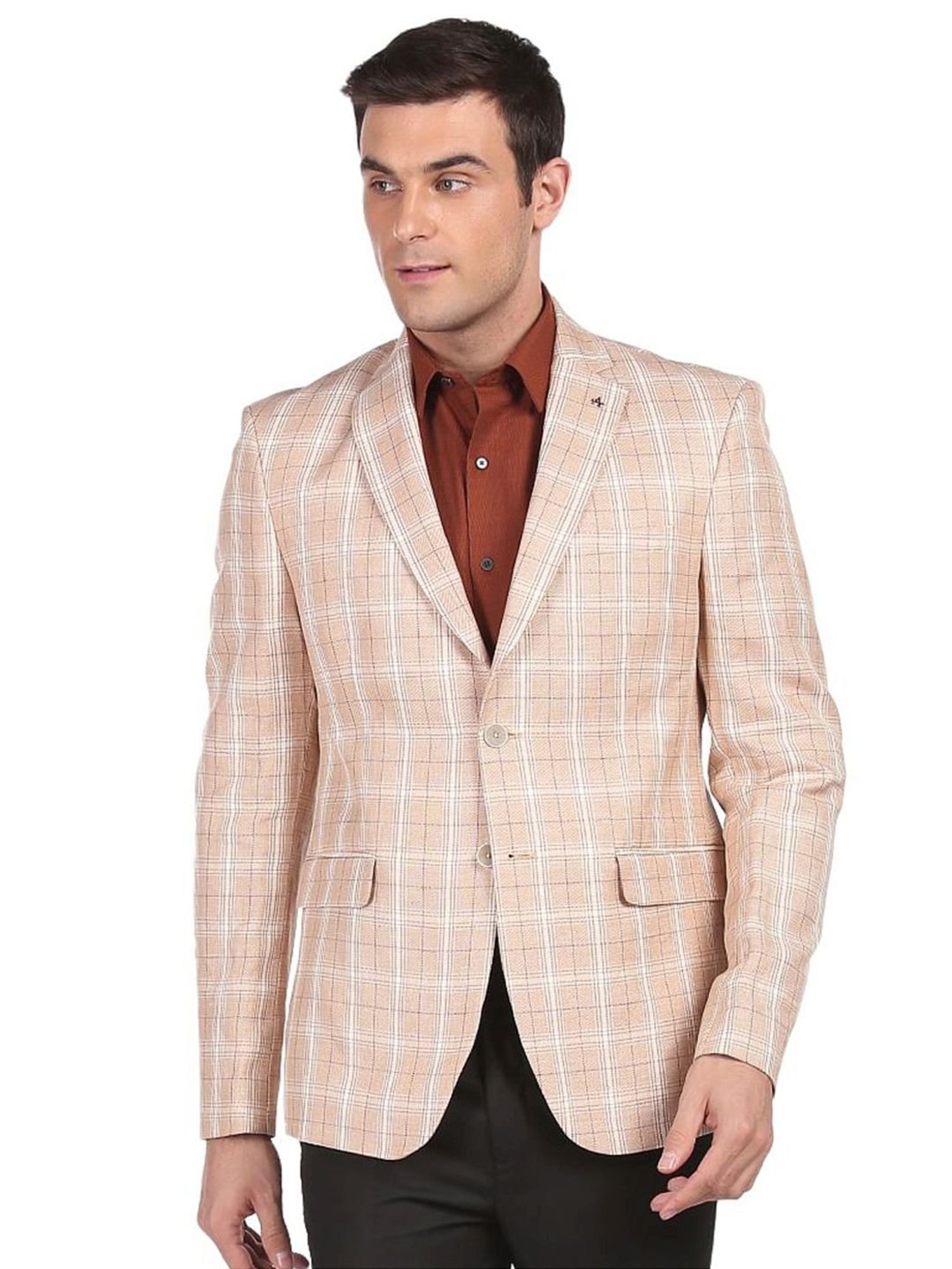 Arrow Beige Cotton Regular Fit Checks Blazers