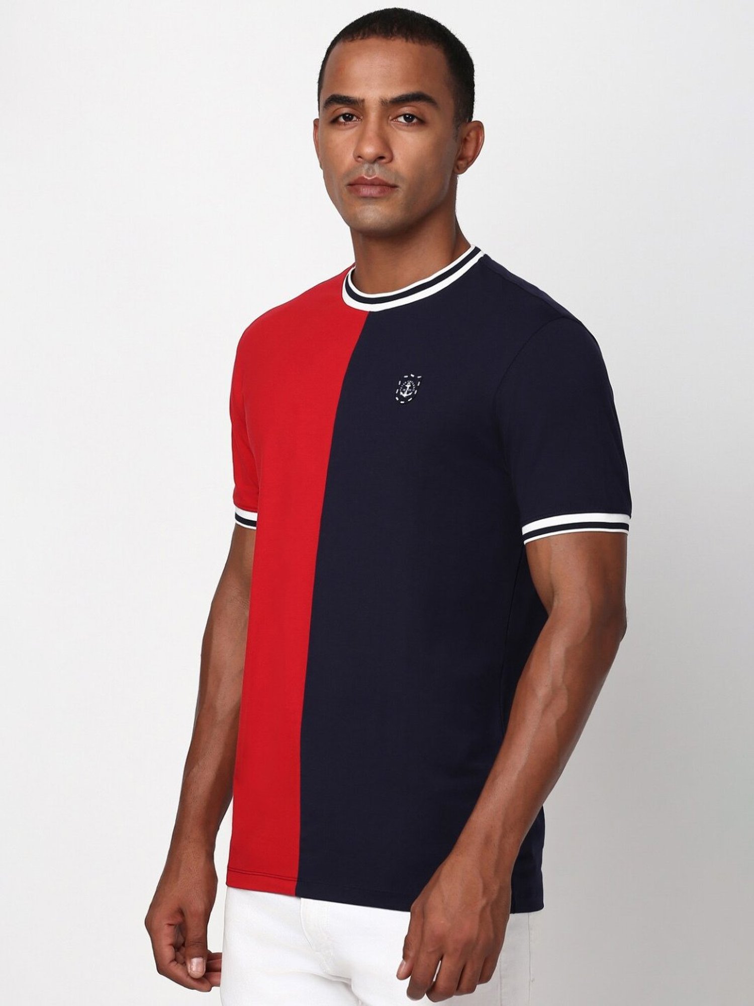 Peter England Navy & Red Cotton Regular Fit Colour Block T-Shirt