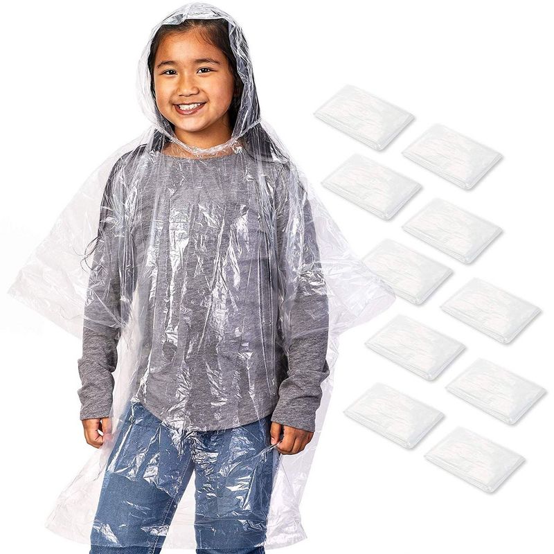 Juvale 10 Pack Kids Disposable Rain Ponchos with Ball, Child Emergency Waterproof Raincoat, 42.5 x 36.5 In