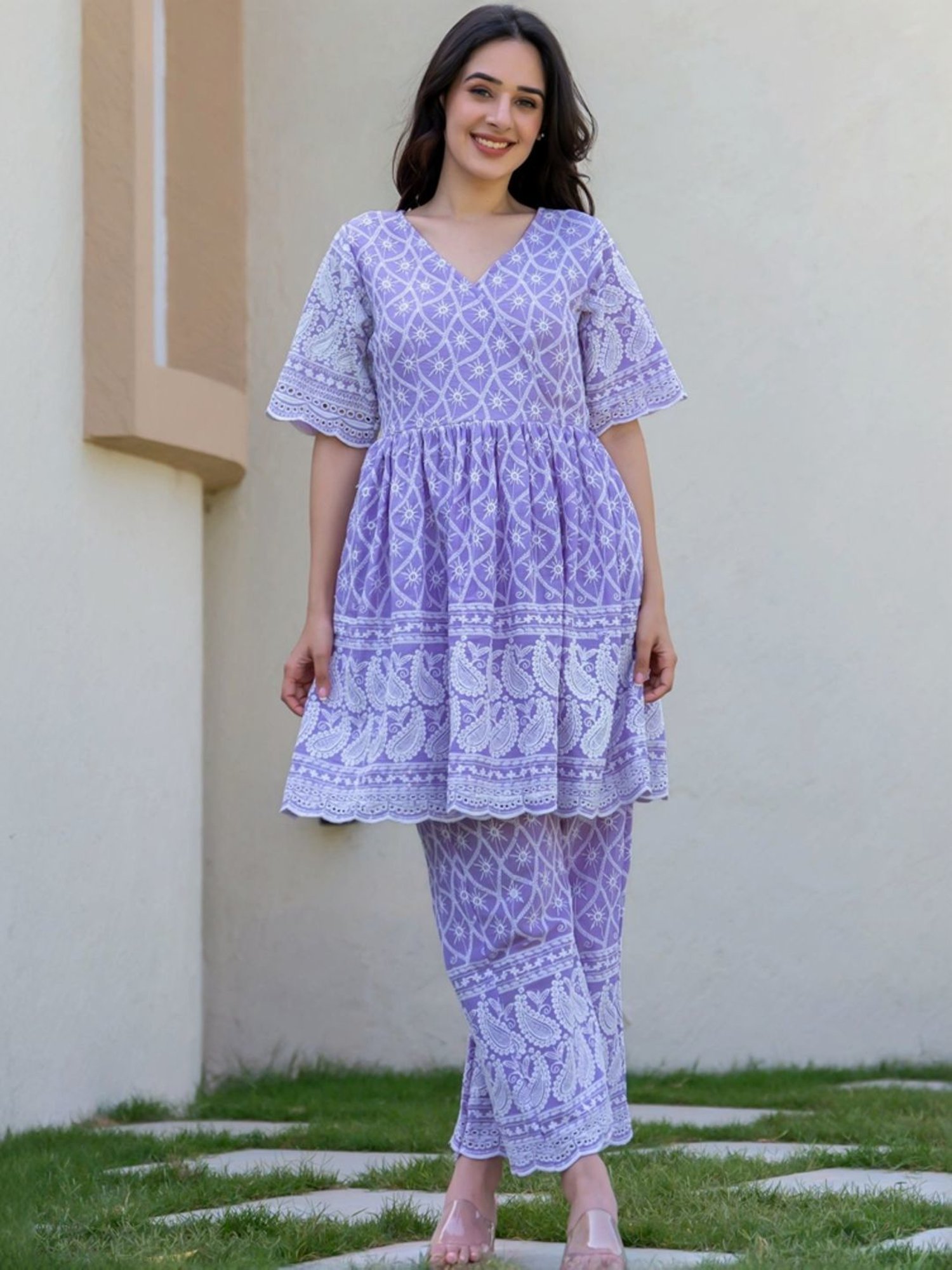 HOUSE OF JAMOTI Purple Cotton Embroidered Tunic Pant Set