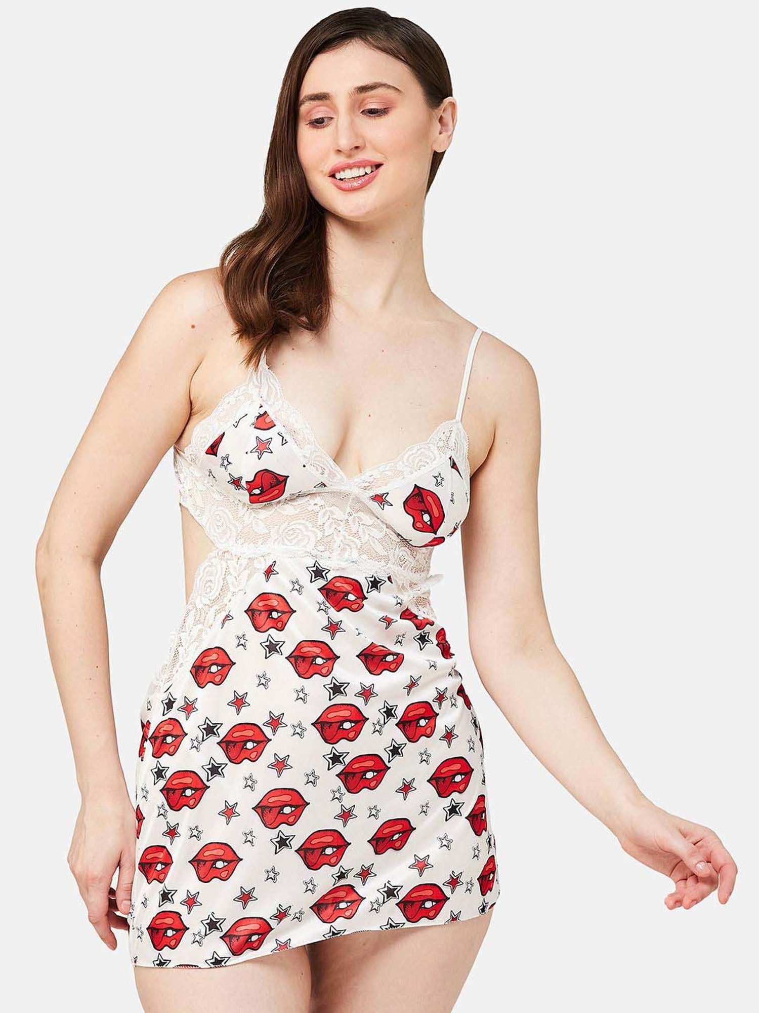 Secrets By ZeroKaata White Printed Babydoll With Panty