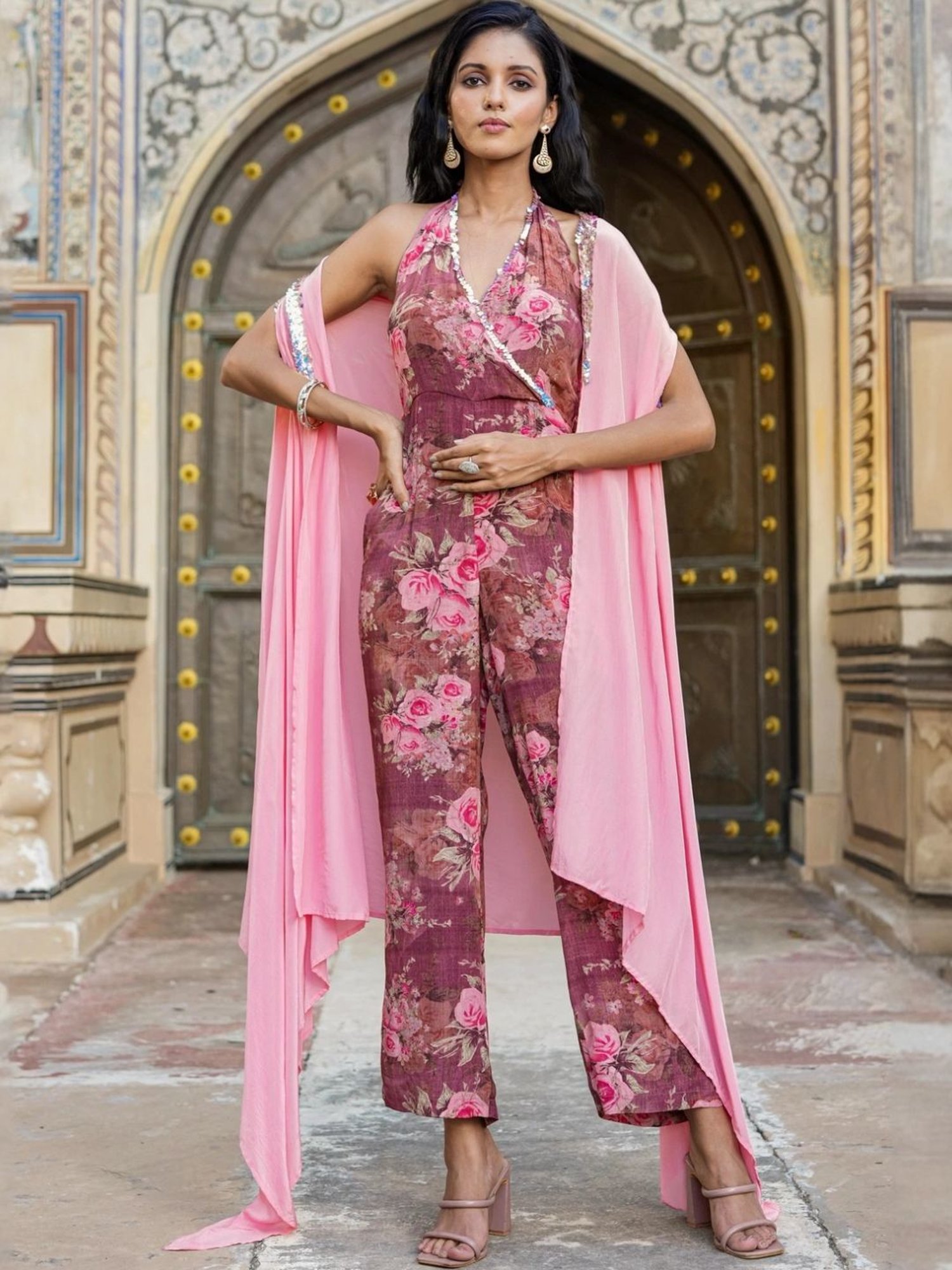 Scakhi Mauve Crepe Silk Floral-Solid Jumpsuit With Cape