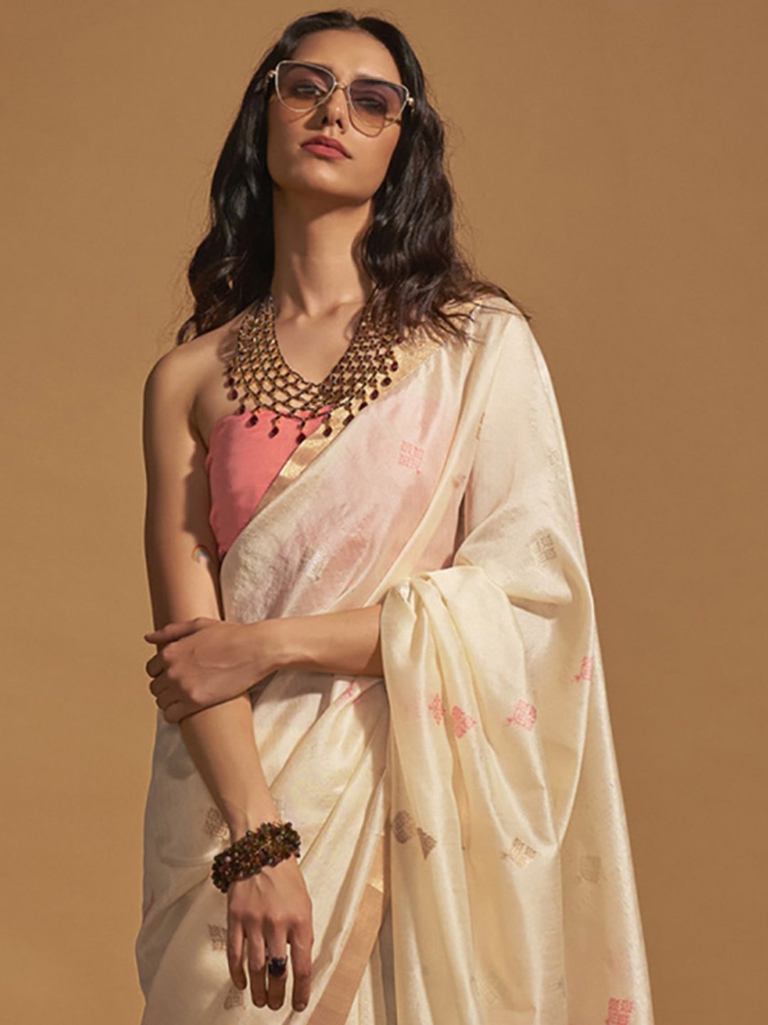 Elora Off-White & Pink Silk Woven Saree With Unstitched Blouse